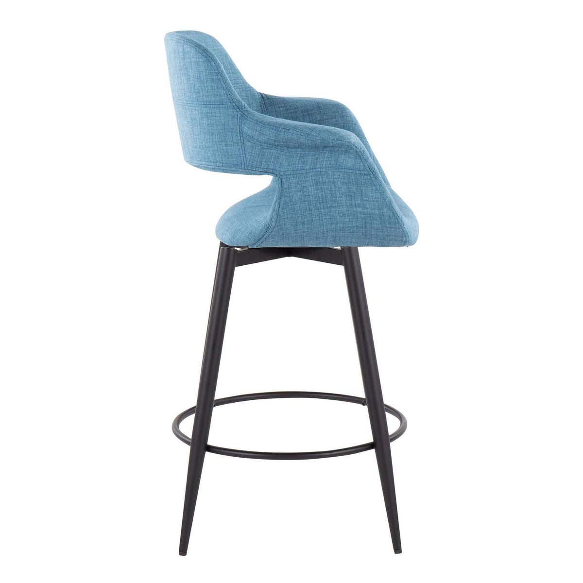 26" Mid-Century Modern Counter Stool with Swivel in Matte Black Metal and Blue Fabric with Round Metal Footrest - Set of 2 Z3292