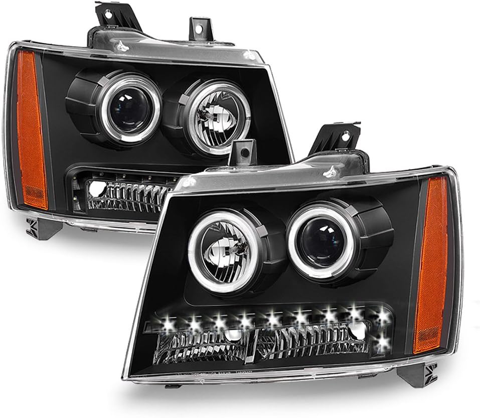 Black 2007-2013 Chevy Suburban Tahoe Avalanche LED DRL Halo Projector Headlights Driver + Passenger Side D5904
