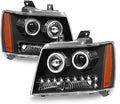 Black 2007-2013 Chevy Suburban Tahoe Avalanche LED DRL Halo Projector Headlights Driver + Passenger Side D5904