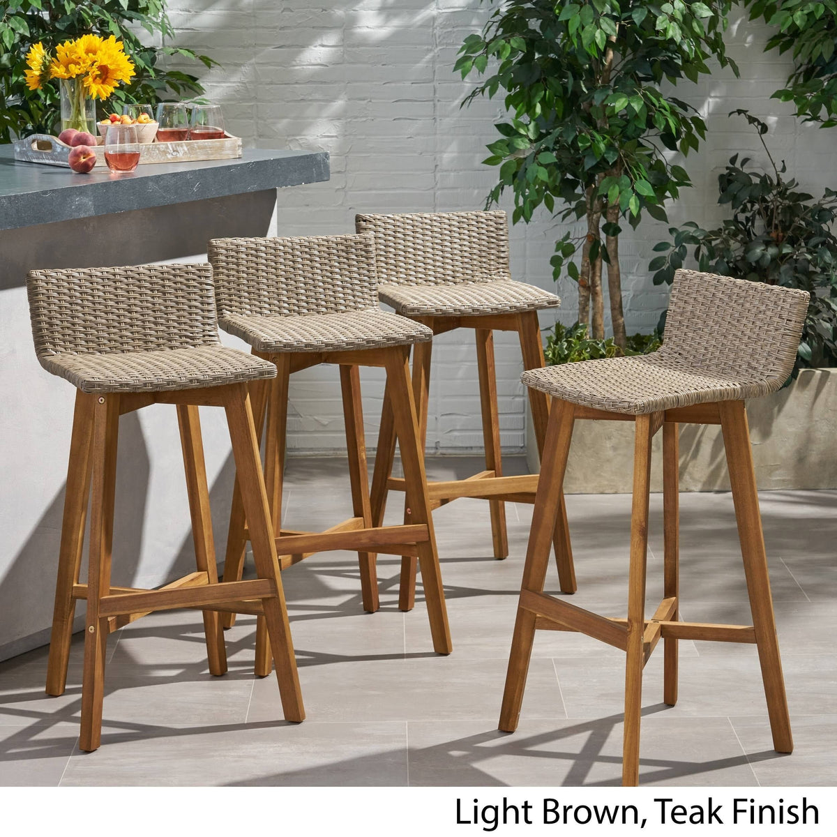 4pk Acacia Wood Wicker Patio Barstools Brown S19380