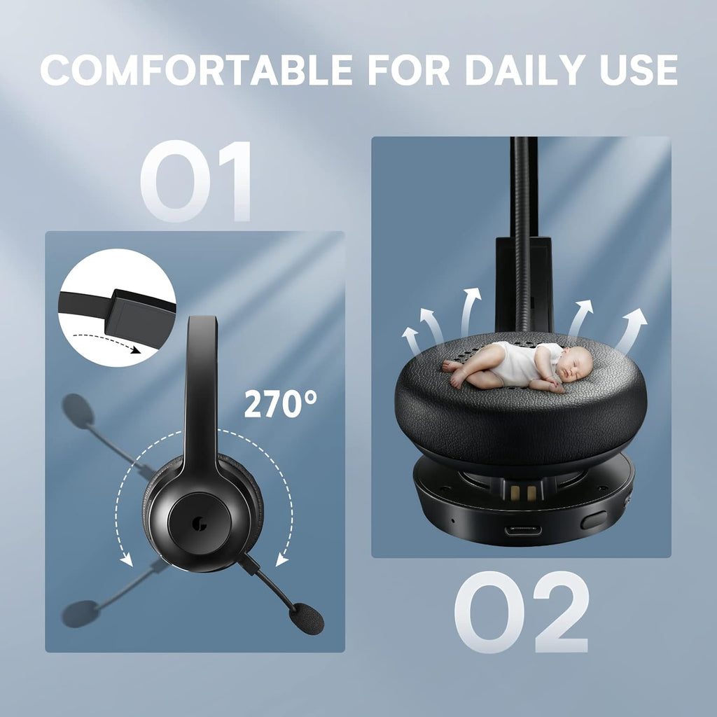 Wireless Bluetooth Headset with Microphone, AI Noise Cancelling, 35 Hrs Talk Time, USB Dongle, Charging Base, Mute Button, Pack of 2 Q5993