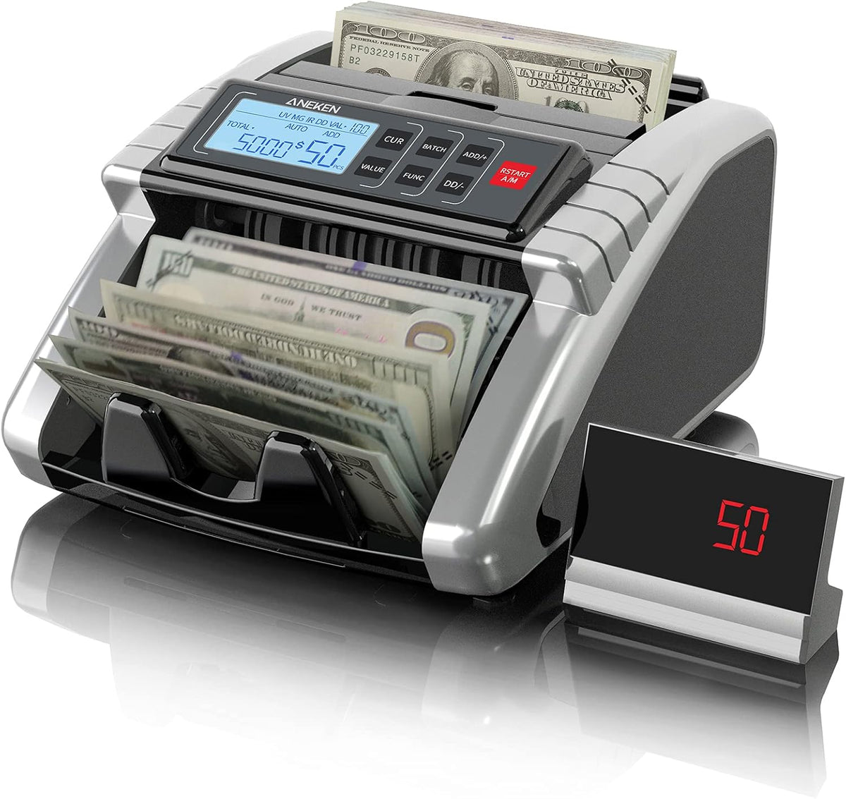 Money Counter Machine with UV/MG/IR/DD Counterfeit Detection, LCD Display, 1000 Bills/Min P18100