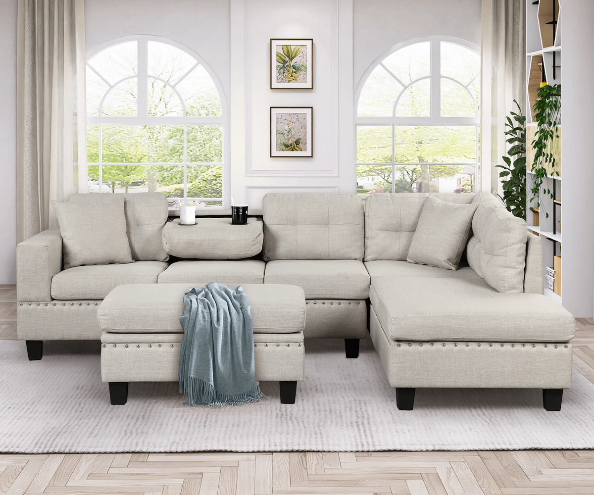 Light Gray Sectional Sofa with Storage Ottoman and Cup Holder Y99821