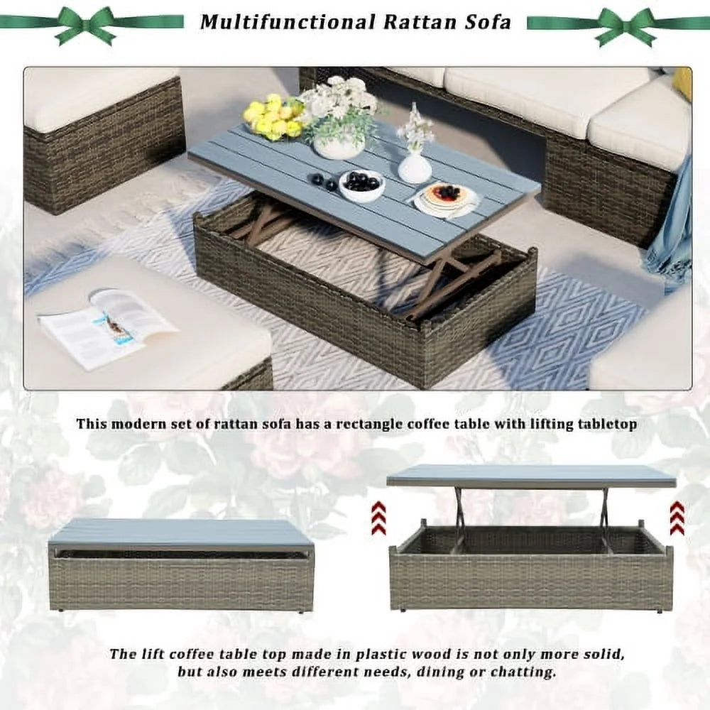 5-Piece Patio Wicker Sofa with Ottomans and Lift Top Coffee Table O7230