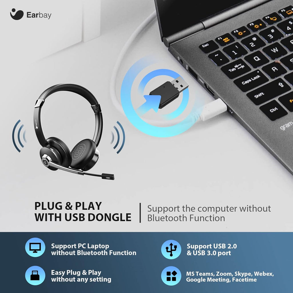 Wireless Bluetooth Headset with Microphone, Noise Cancelling, USB Dongle, On-Ear, Pack of 2 K229501