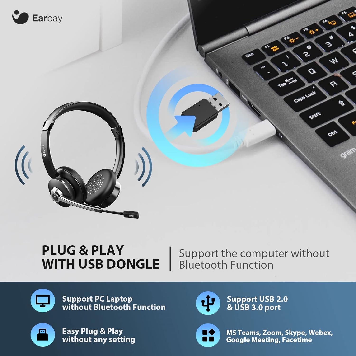 Wireless Bluetooth Headset with Microphone, Noise Cancelling, USB Dongle, On-Ear, Pack of 2 K229501