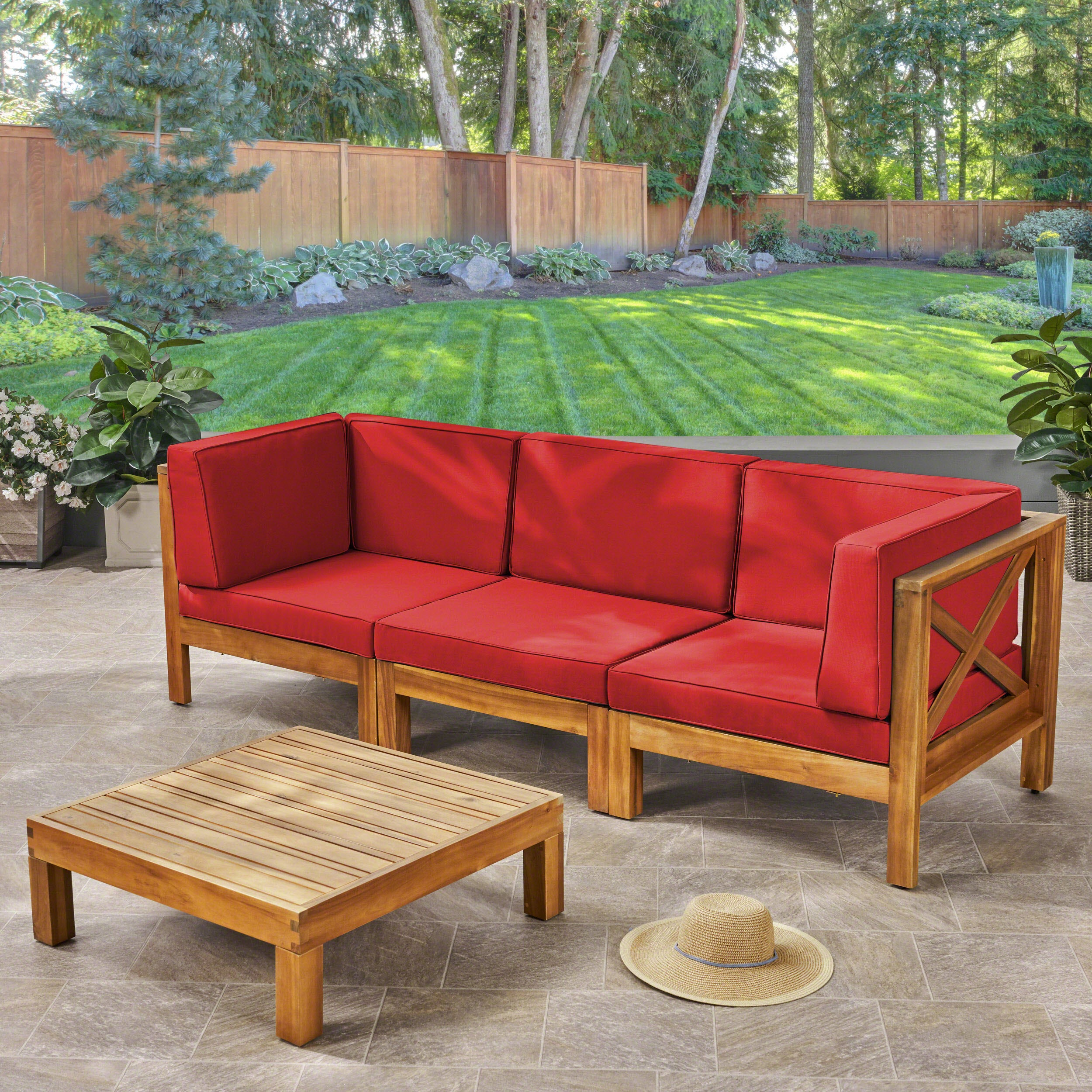 Red and Teak Acacia Wood Sofa and Coffee Table Set Y425