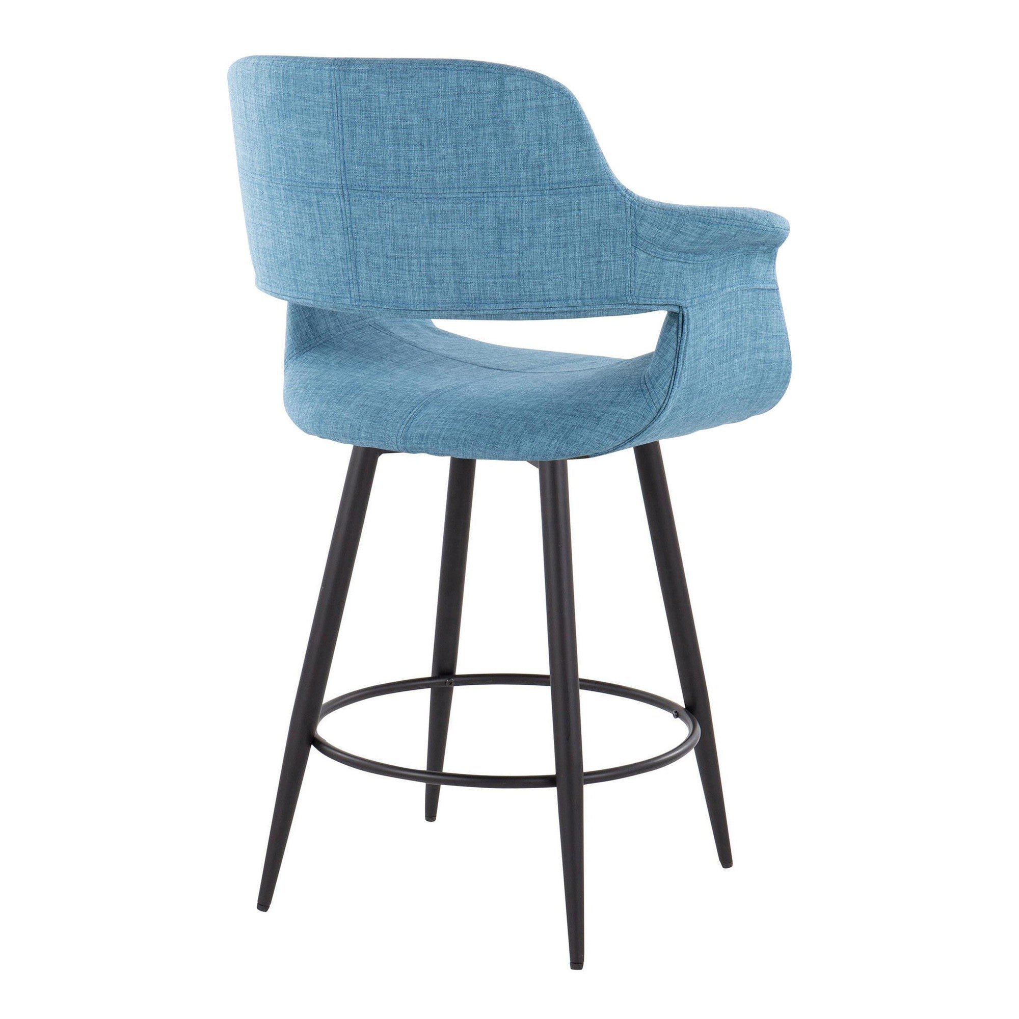 26" Mid-Century Modern Counter Stool with Swivel in Matte Black Metal and Blue Fabric with Round Metal Footrest - Set of 2 Z3292