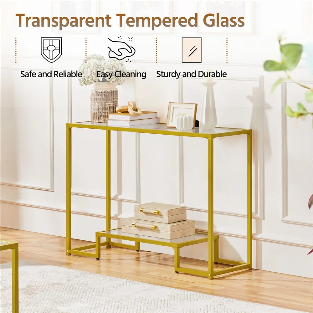 Gold Tempered Glass Console Table with Metal Frame T4429