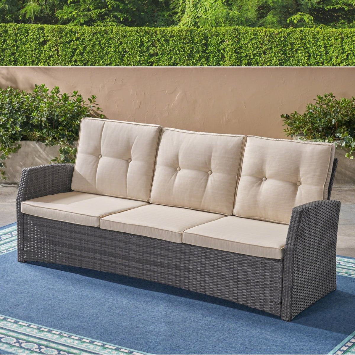 Beige and Dark Brown Outdoor Wicker 3 Seater Sofa with Tufted Cushions N36916