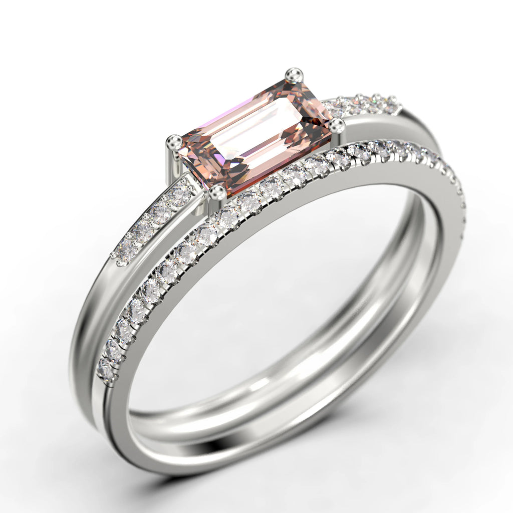 1.45 Carat Emerald Cut Morganite And Diamond Moissanite Engagement Ring in Silver With 18k White Gold Plating T84902