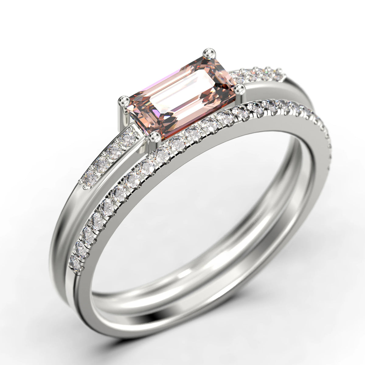 1.45 Carat Emerald Cut Morganite And Diamond Moissanite Engagement Ring in Silver With 18k White Gold Plating T84902