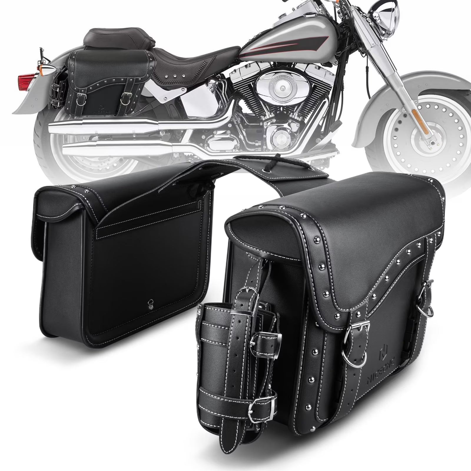 Black 35L Leather Motorcycle Saddlebags C749