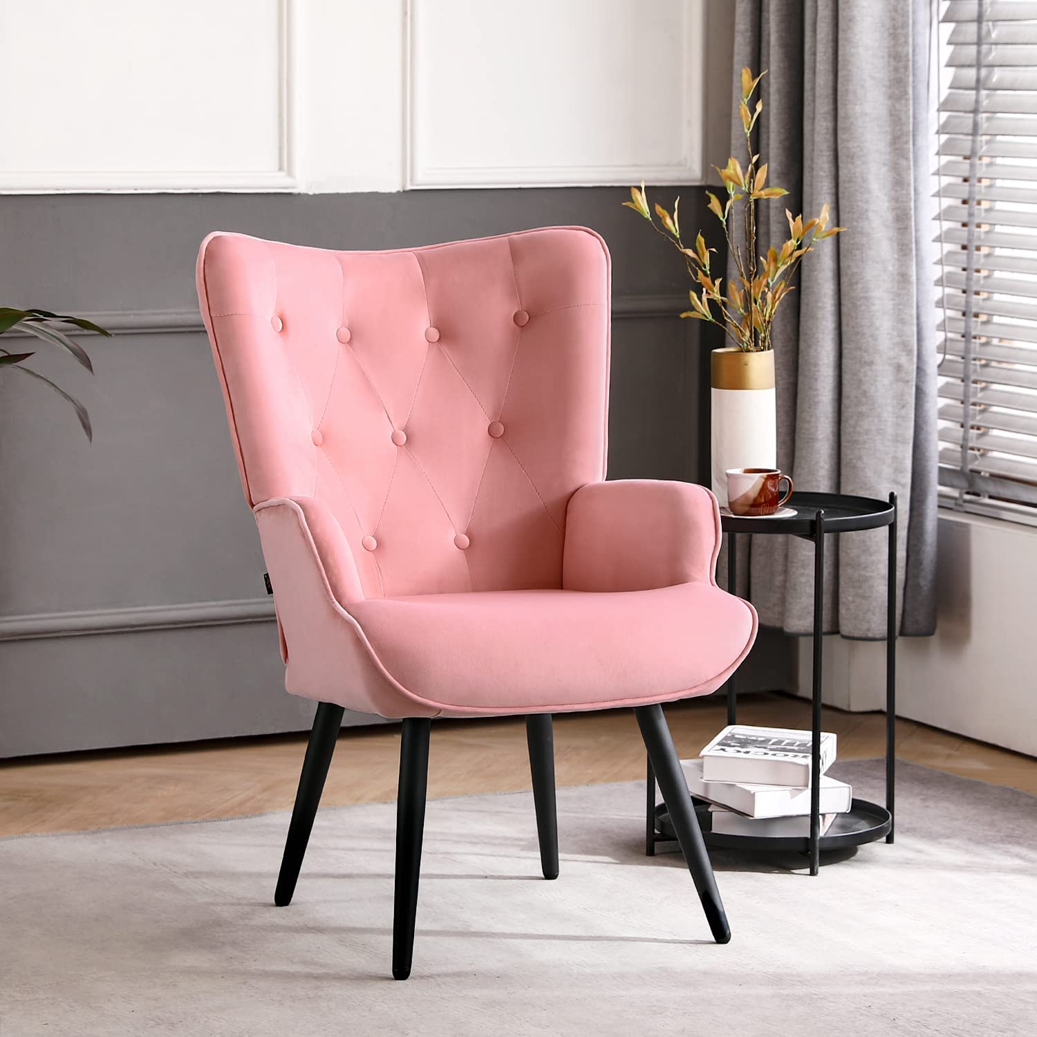 Pink Velvet Tufted Wingback Accent Chair with Solid Metal Legs V161594
