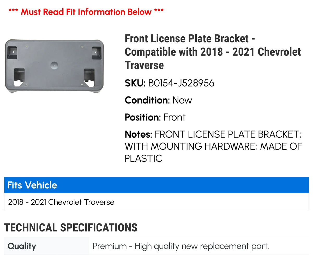 Front License Plate Bracket for Chevy Traverse 2018 2021 U859