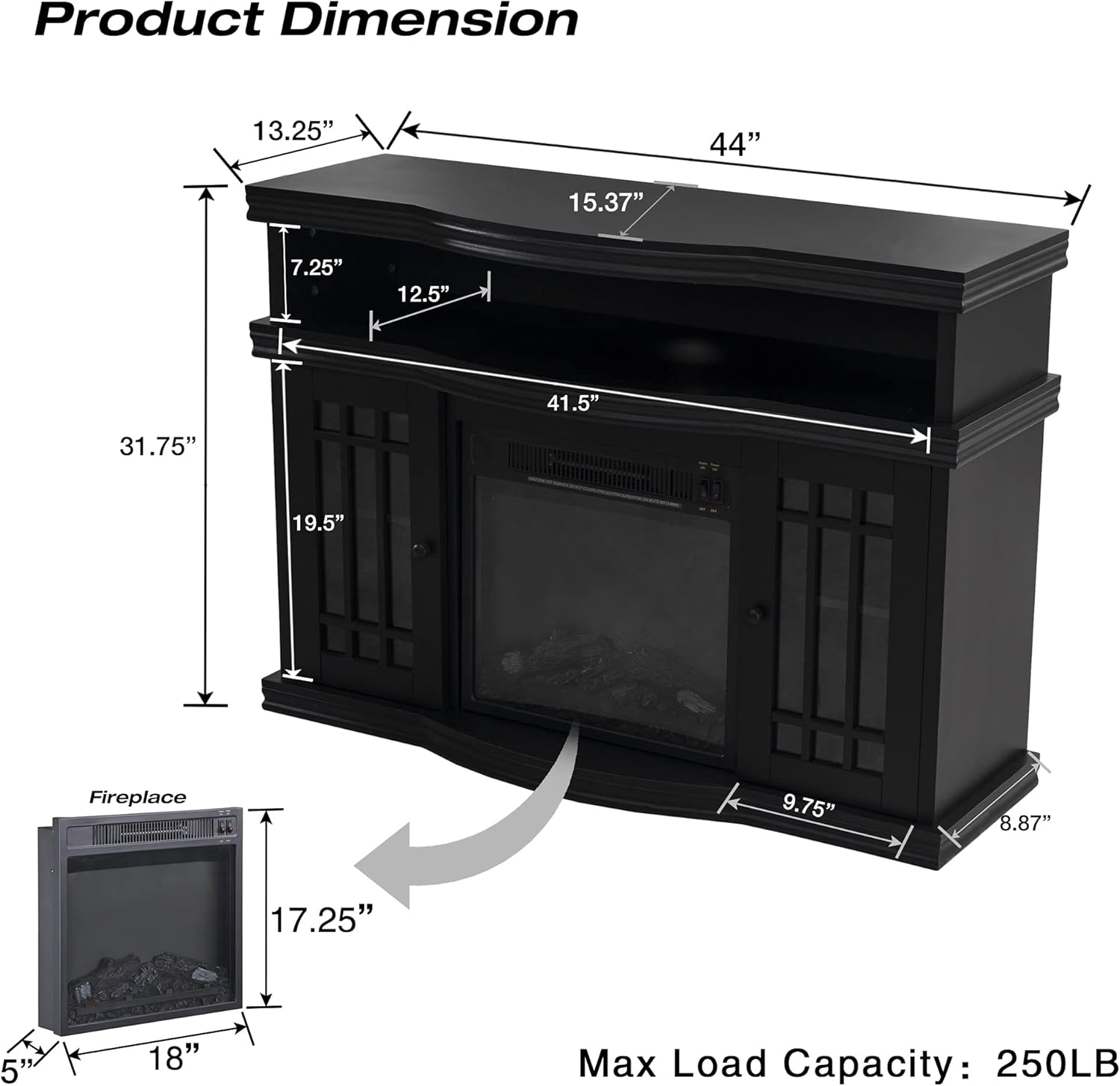 Black Electric Fireplace TV Stand with Two Tempered Glass Storage Cabinet and Adjustable Shelves L7495