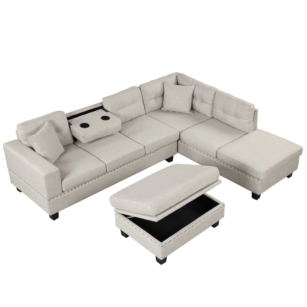 Light Gray Sectional Sofa with Storage Ottoman and Cup Holder Y99821