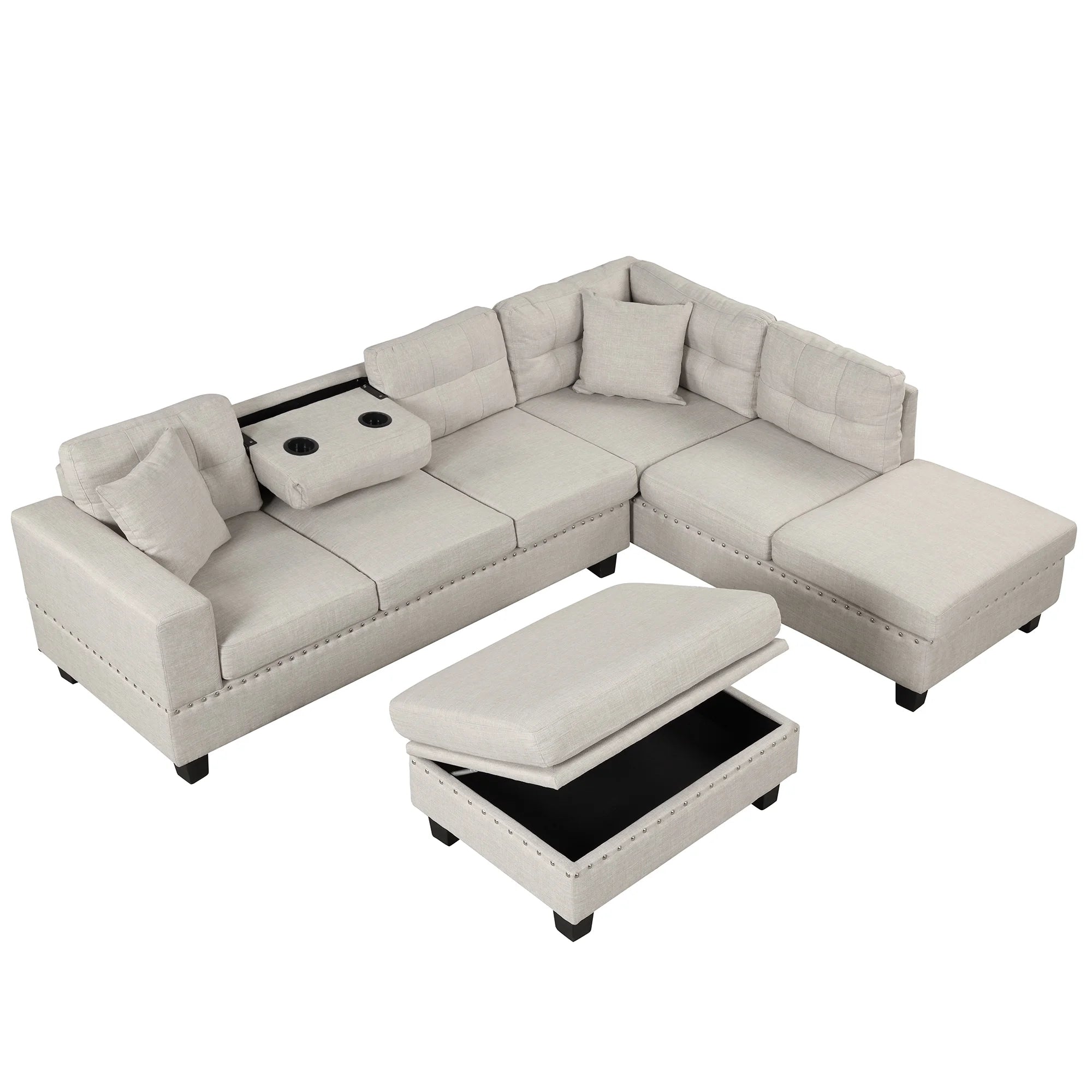 Light Gray Sectional Sofa with Storage Ottoman and Cup Holder Y99821