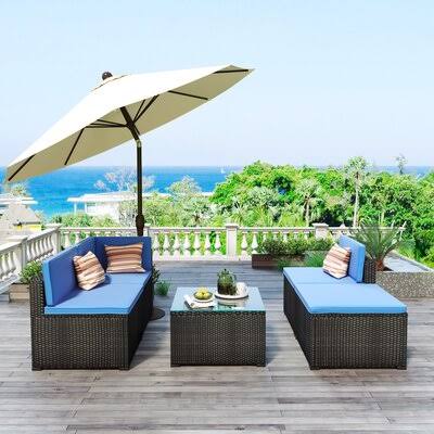 5-Piece Patio Rattan PE Wicker Corner Sofa Set with Glass Coffee Table Z21543
