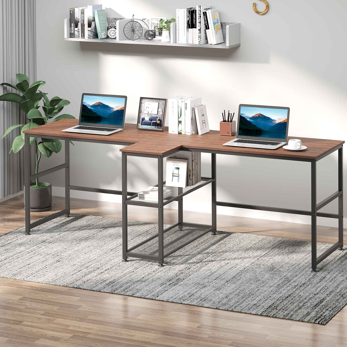 83" Two Person Computer Desk with 2 Storage Shelves and Book Shelf Y374