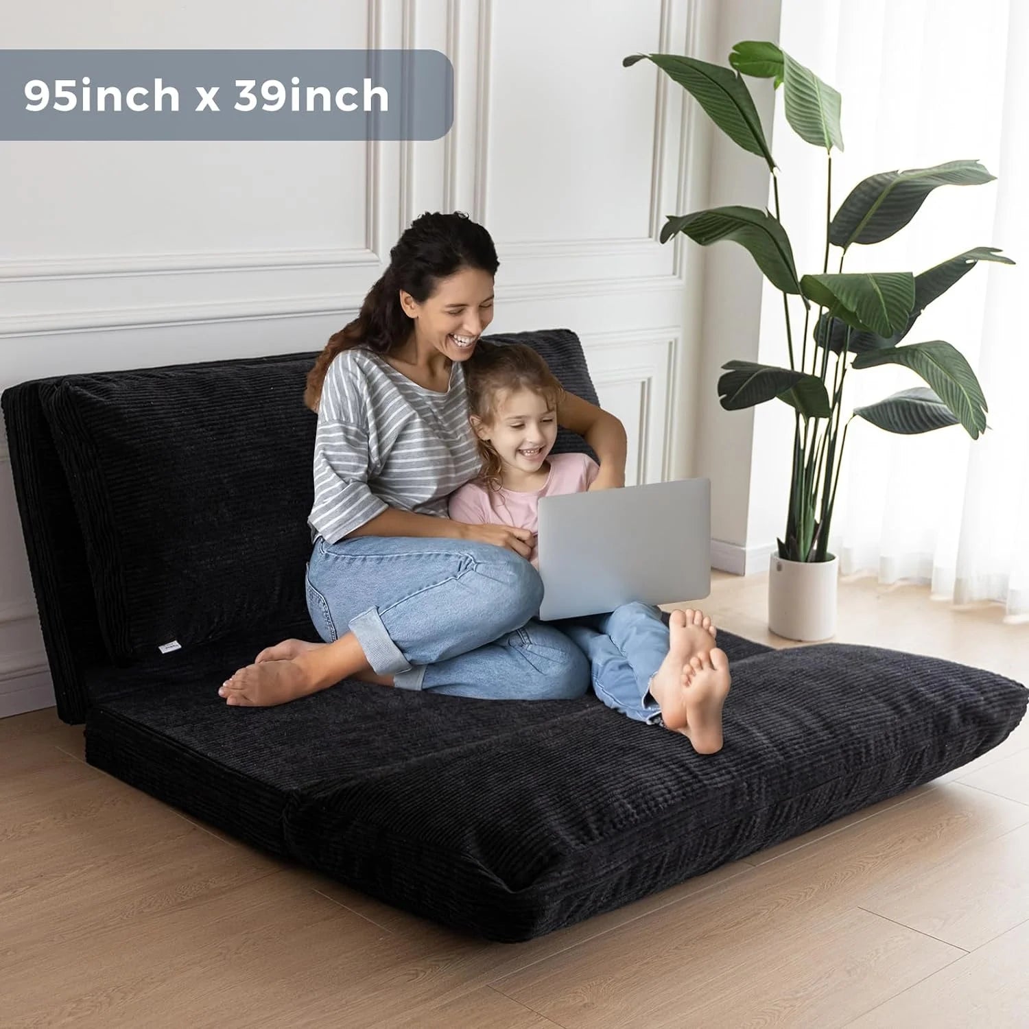 Black Corded Washable Bean Bag Bed Folding Sofa Bed Floor Mattress, 39x95 Inch L652