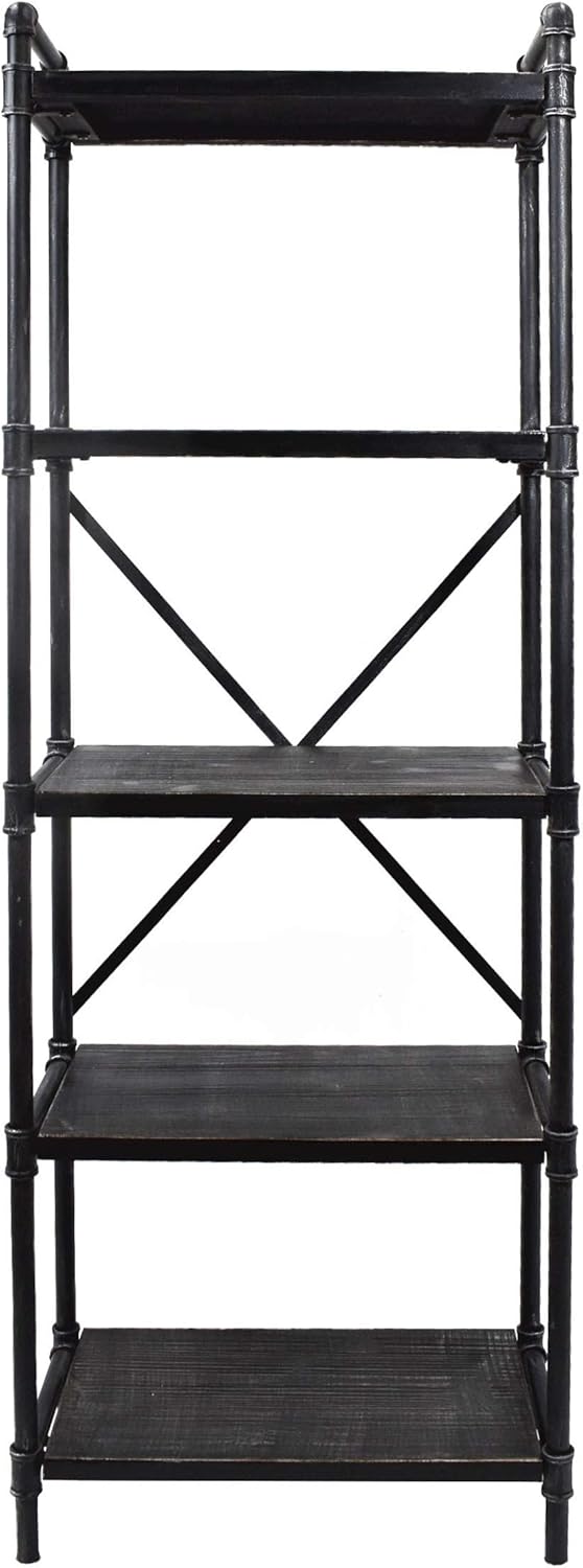 Industrial Iron 5 Shelf Firwood Bookcase, Gray and Pewter Finish E55906