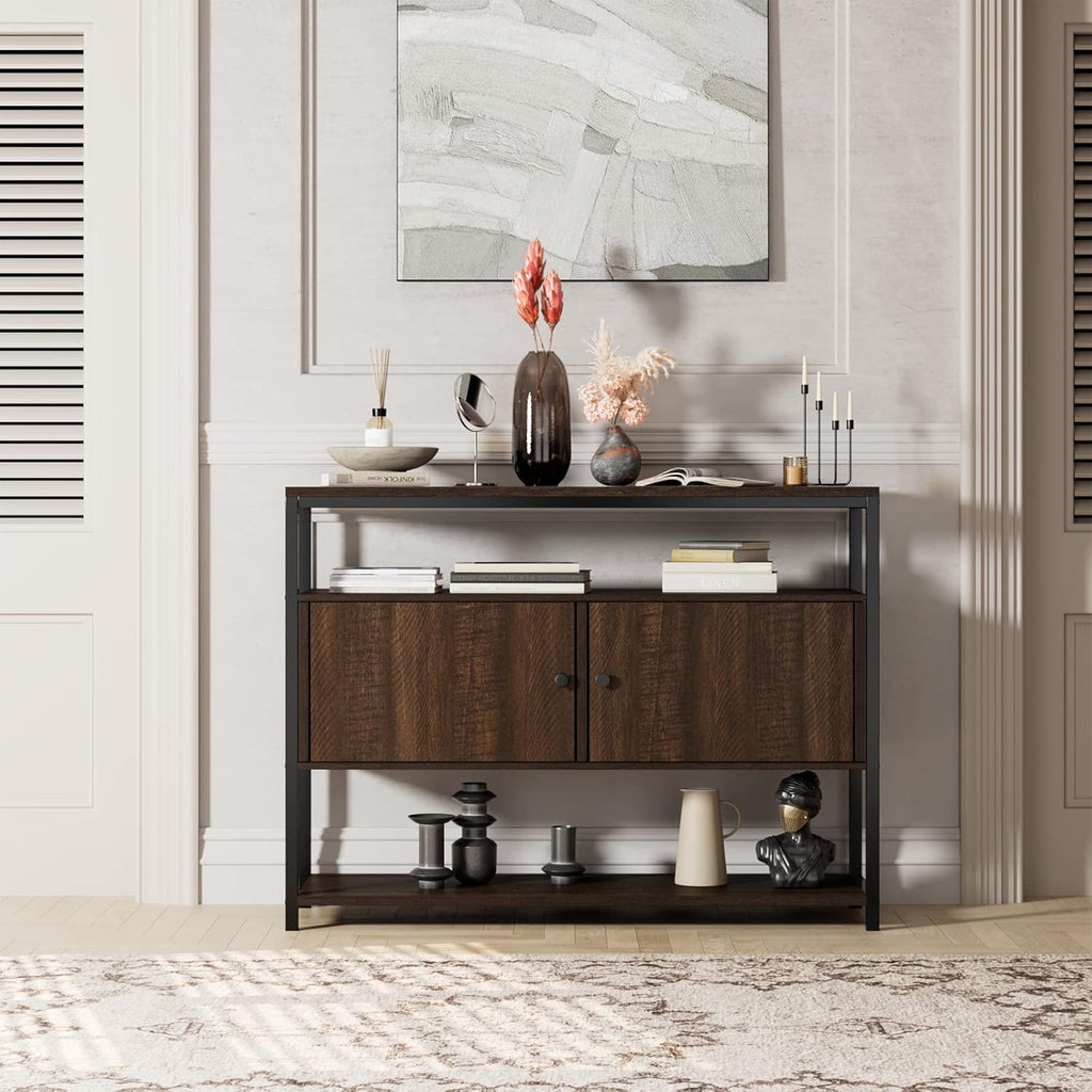 Walnut Brown 3-Tier Console Table with 2 Cabinet Doors R1657