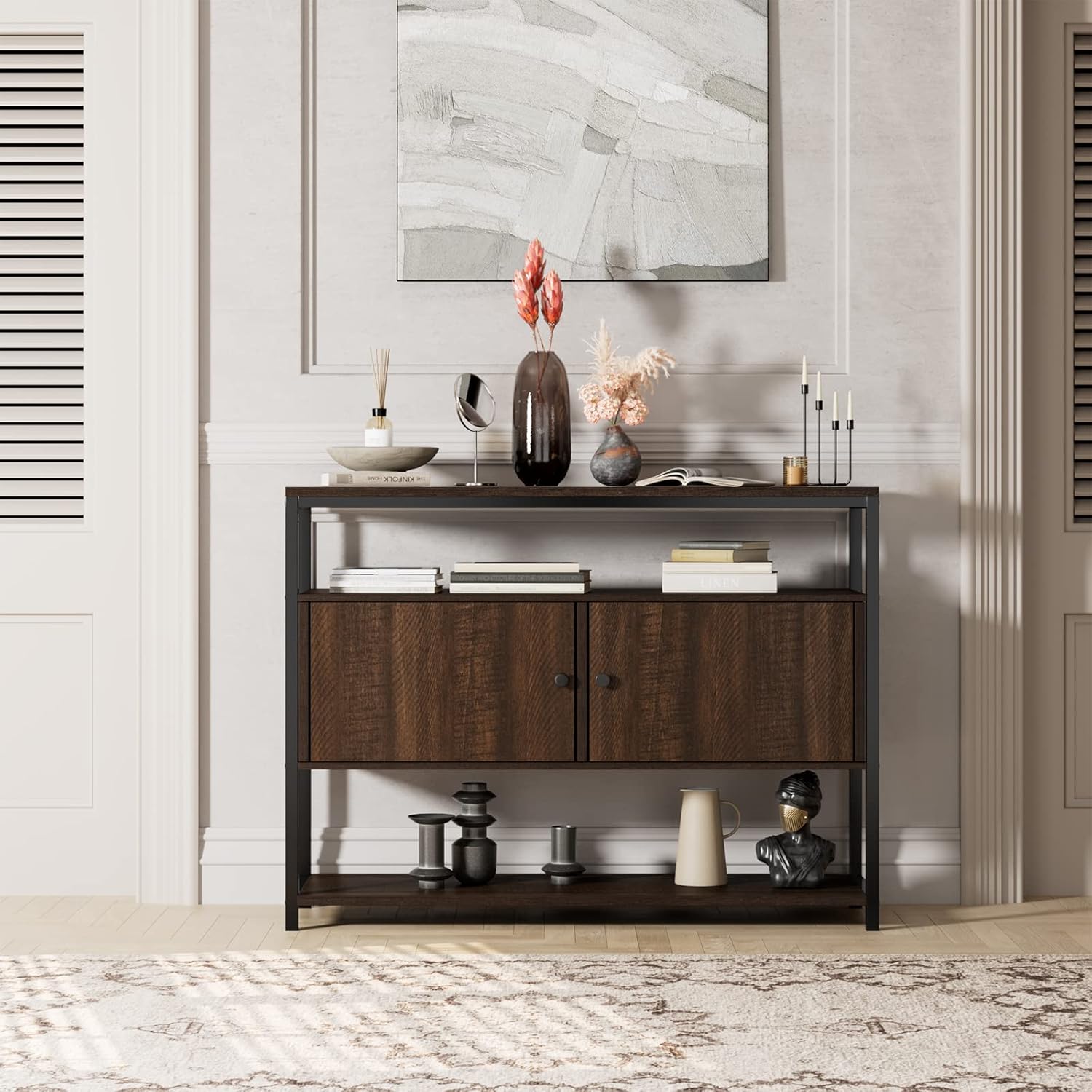 Walnut Brown 3-Tier Console Table with 2 Cabinet Doors R1657