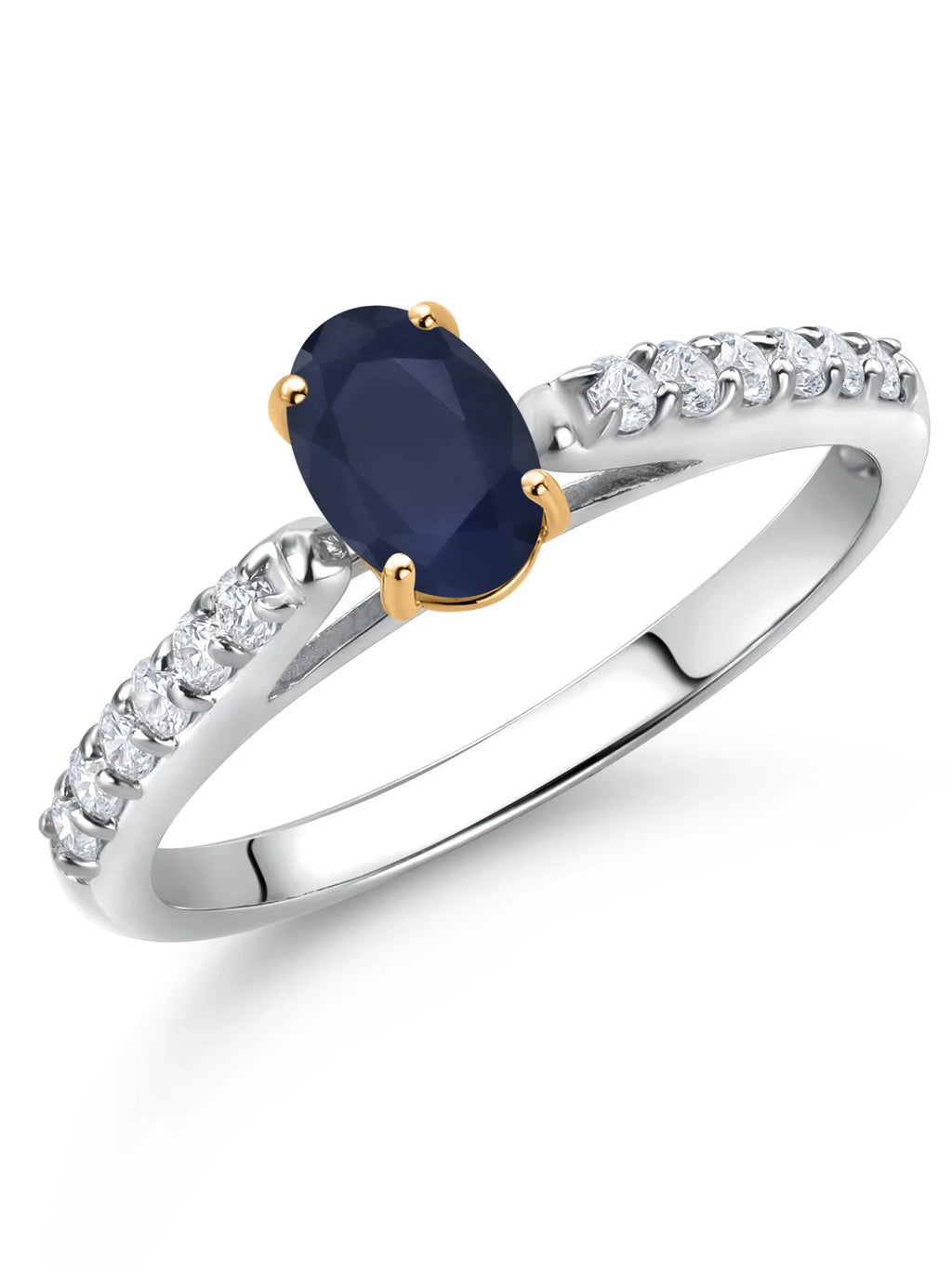 925 Sterling Silver 10K Yellow Gold Blue Sapphire White Lab Grown Diamond Engagement Ring (0.74 Cttw, Oval 6X4MM) U81020