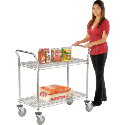 Chrome Utility Cart with 2 Shelf and Polyurethane Brake Casters P4474