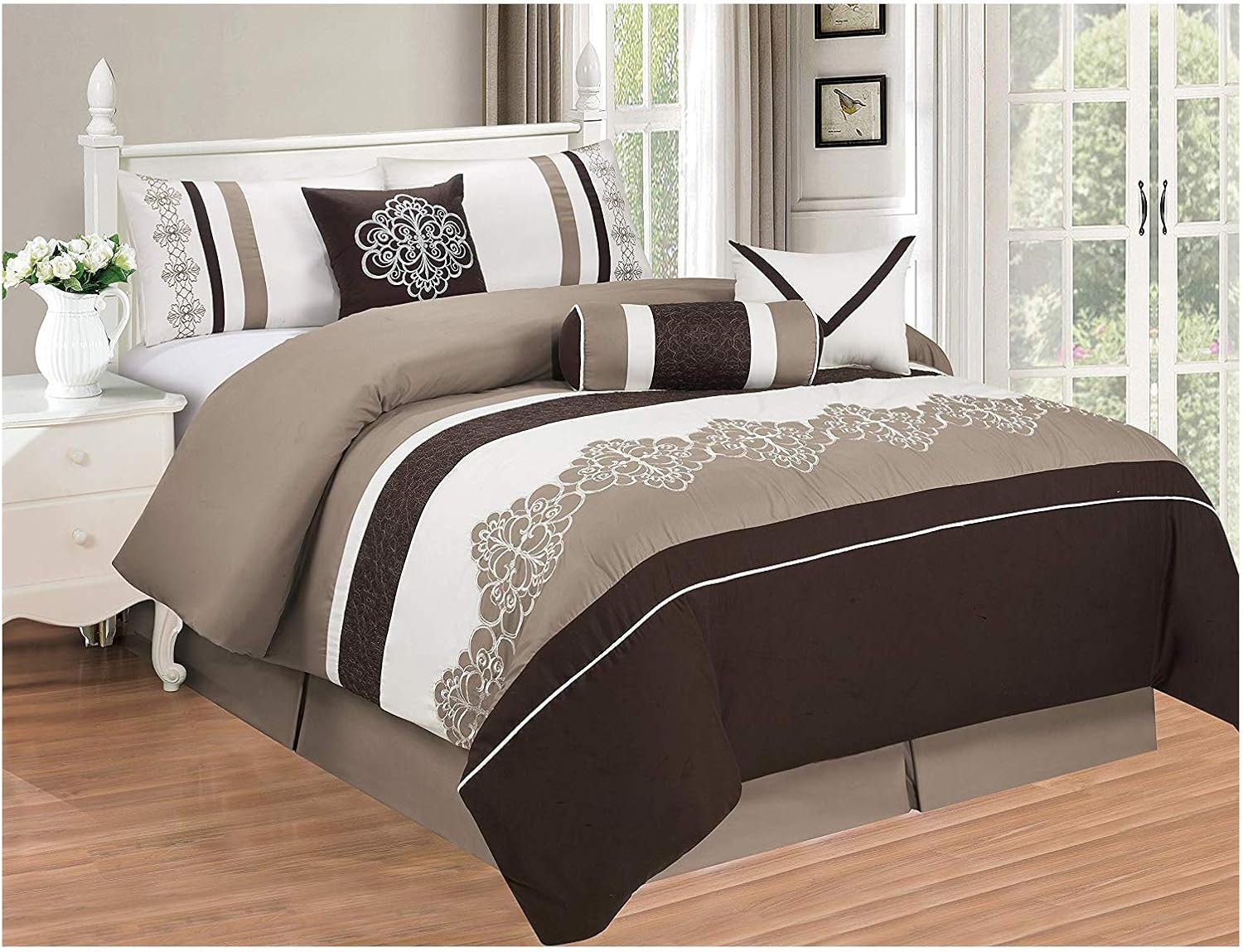 7 Piece Embroidered Over-Sized Comforter Set Queen Purple Grey B88869