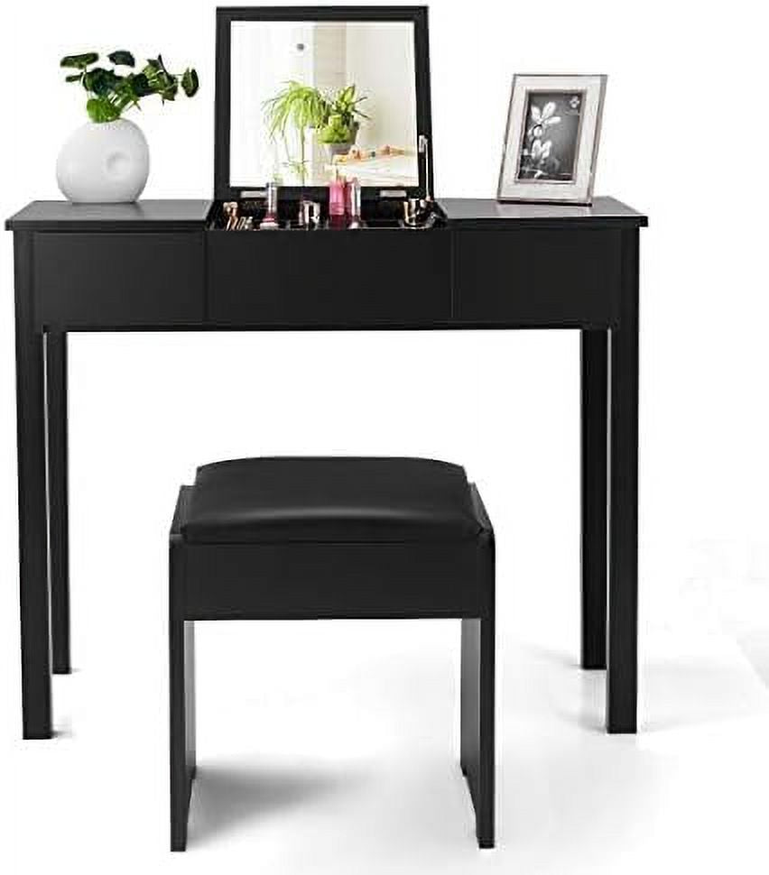 Black Vanity Set with Flip Top Mirror and Cushioned Stool H8893