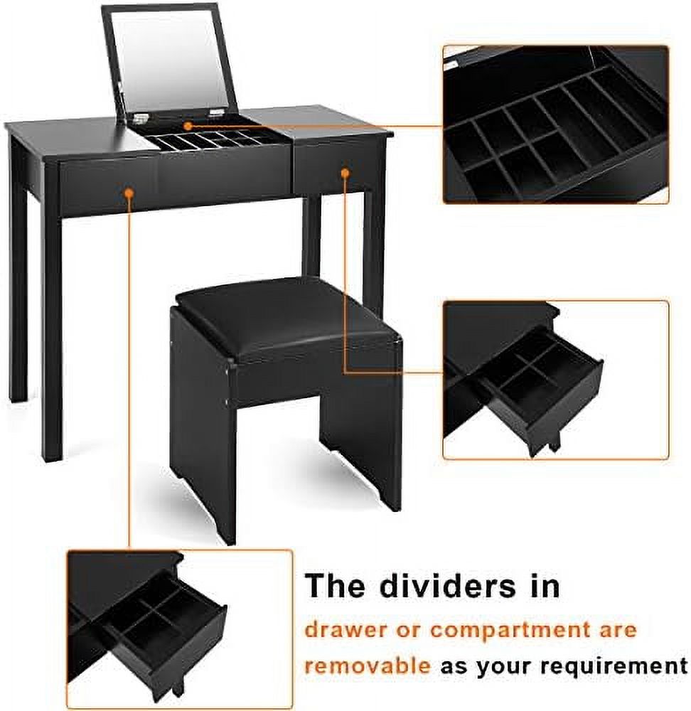 Black Vanity Set with Flip Top Mirror and Cushioned Stool H8893