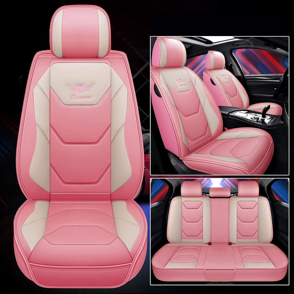 Black-Red PU Leather Car Seat Covers 5 Seats Full Set B4611