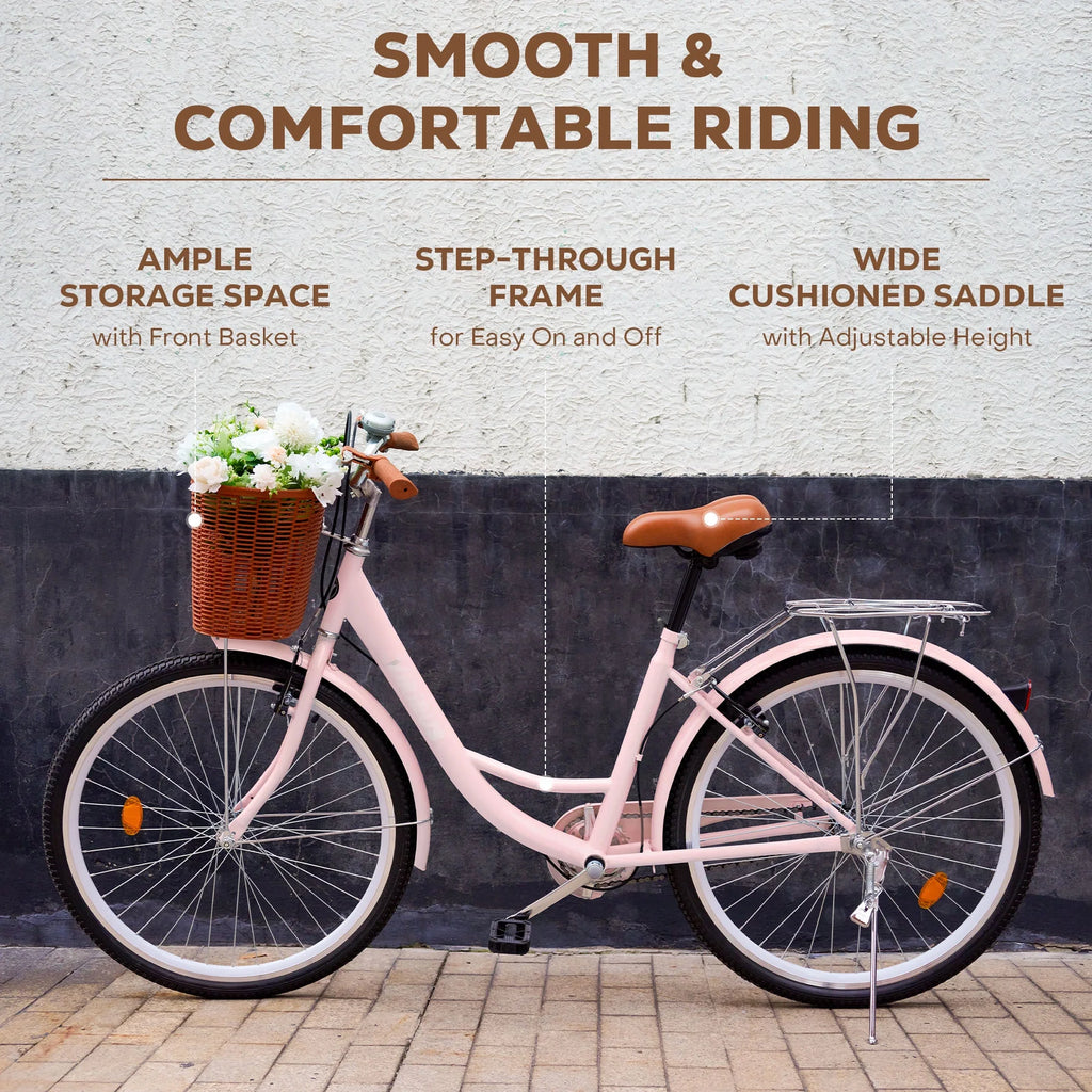24 Inch City Cruiser Bicycle with Carbon Steel Frame Dual V Brakes Basket M7643