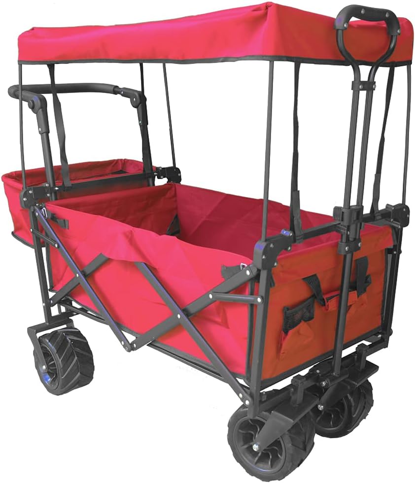Collapsible Wagon Camping Garden Cart with Removable Canopy, Adjustable Push Handles and Brake (Black) A7536