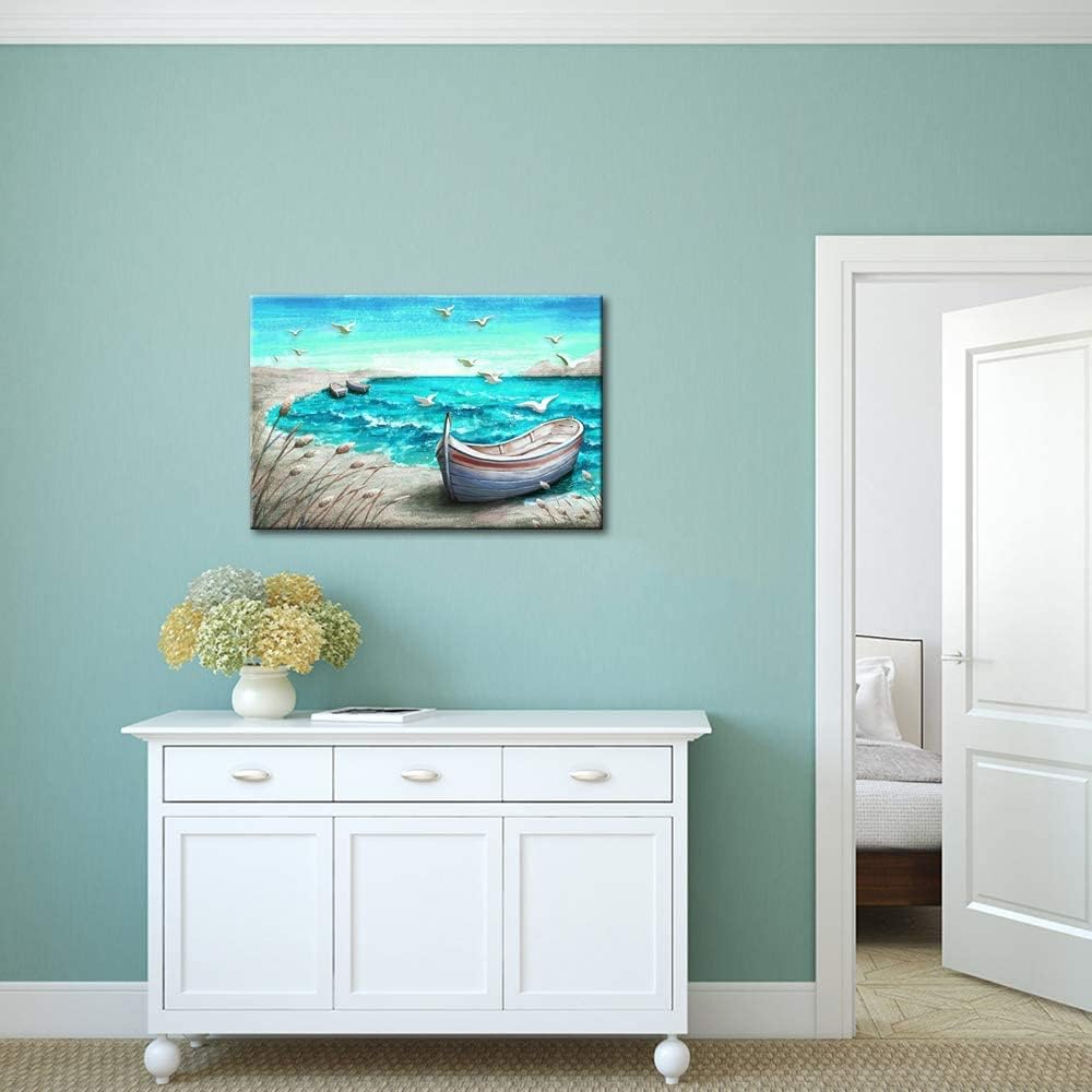 Canvas Wall Art Abstract Ocean Boat Painting Seascape Picture Prints Stretched and Framed 16x24Inch D4532