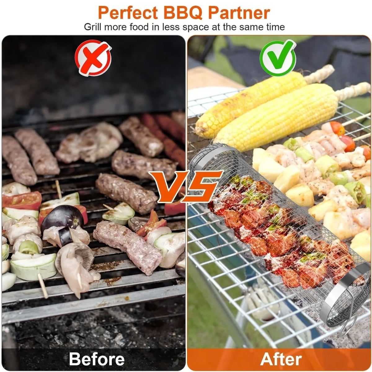 2Pcs Portable BBQ Rolling Basket Round Stainless Steel Grill Mesh with Removable Cover Z897542