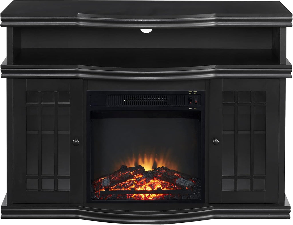 Black Electric Fireplace TV Stand with Two Tempered Glass Storage Cabinet and Adjustable Shelves L7495