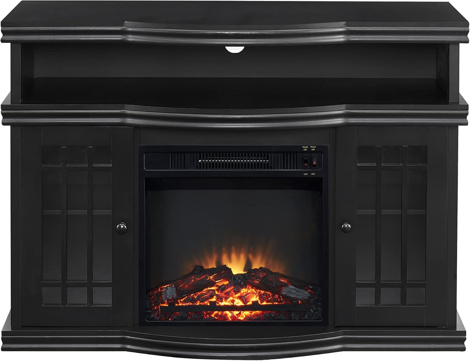 Black Electric Fireplace TV Stand with Two Tempered Glass Storage Cabinet and Adjustable Shelves L7495