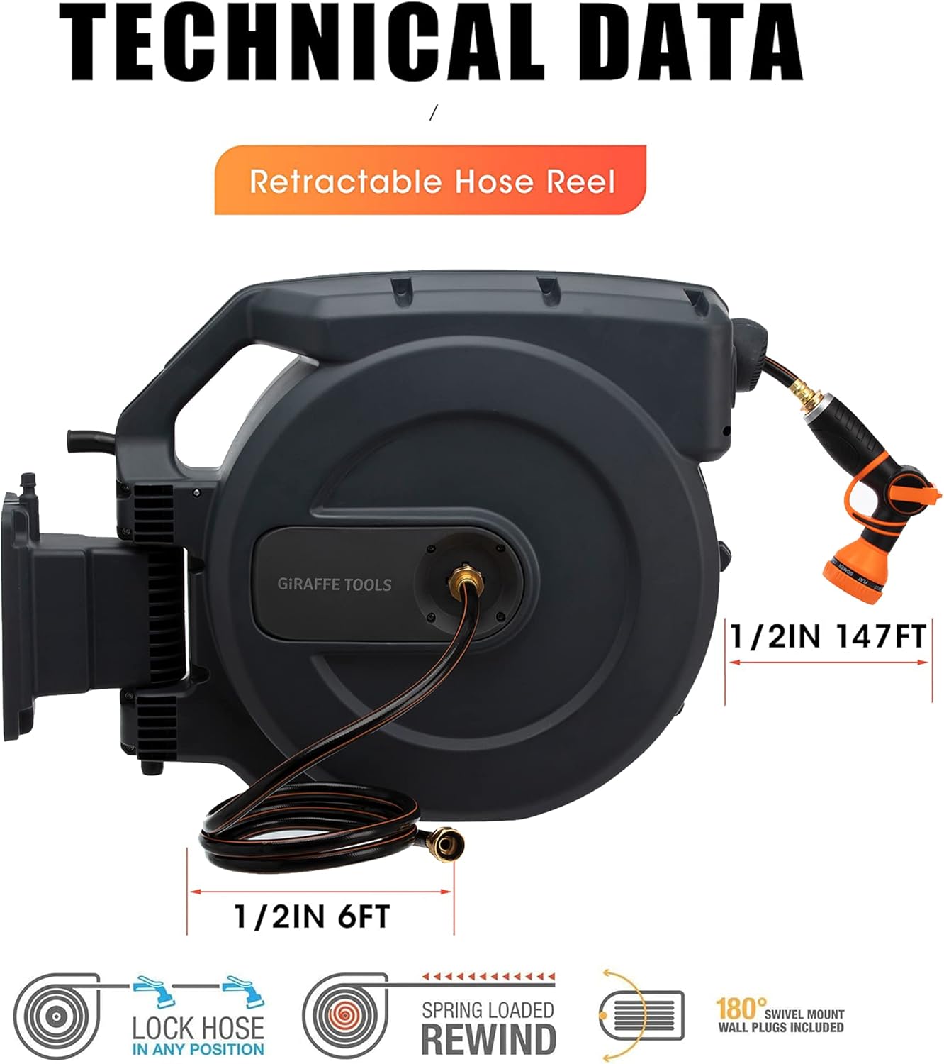 Retractable Wall Mounted Garden Hose Reel 1/2" x 147 ft with Automatic Rewind U165278