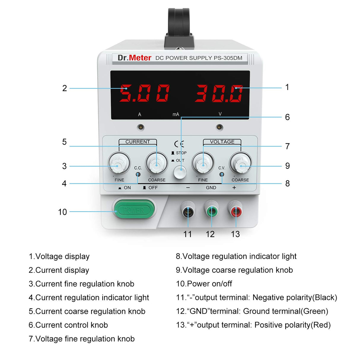 30V 5A Adjustable Switching Regulated DC Bench Linear Power Supply with Alligator Leads and 3 LED Digital Display X505