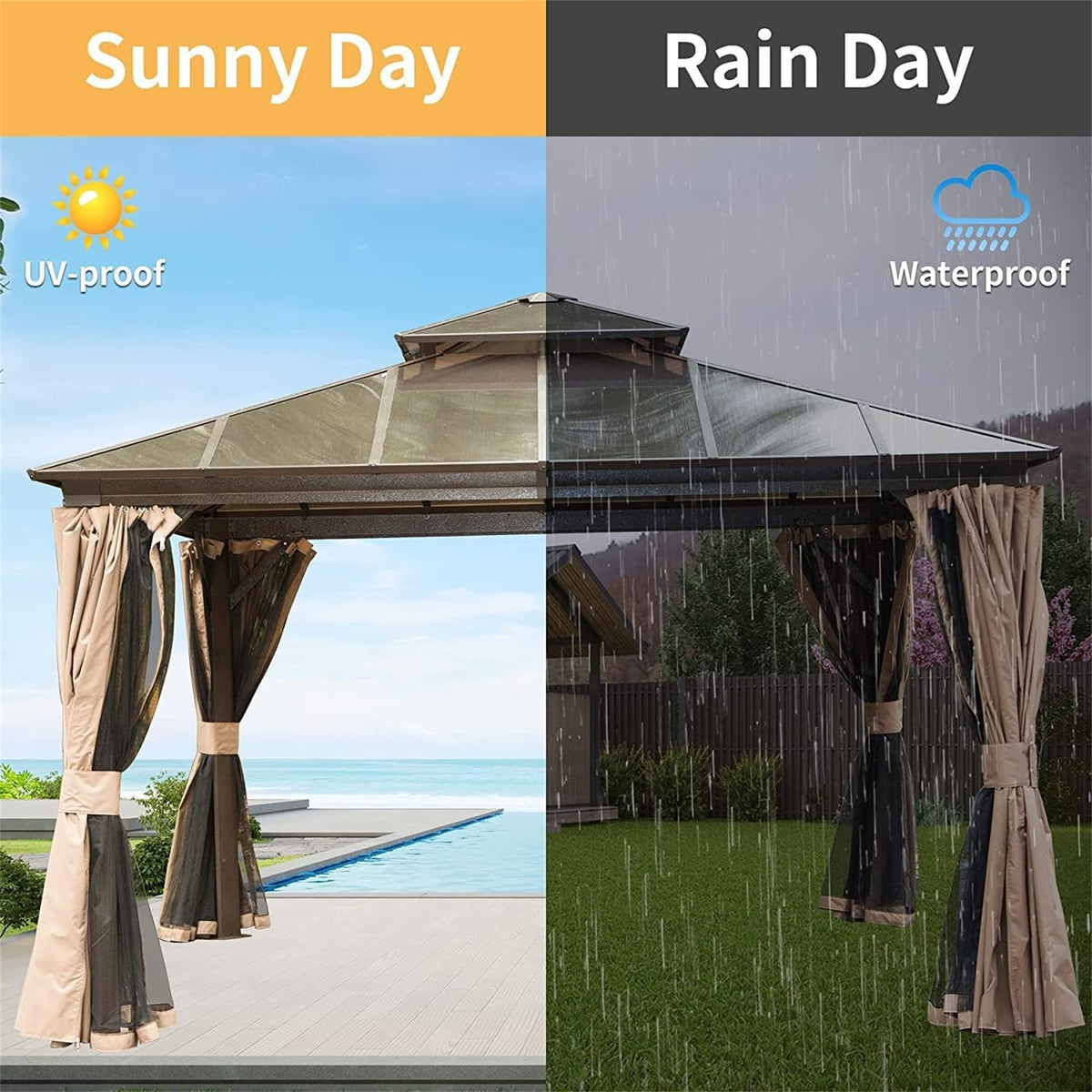 Hardtop Gazebo with Polycarbonate Double Roof, Aluminum Frame, Bug Netting & Privacy Curtains V511