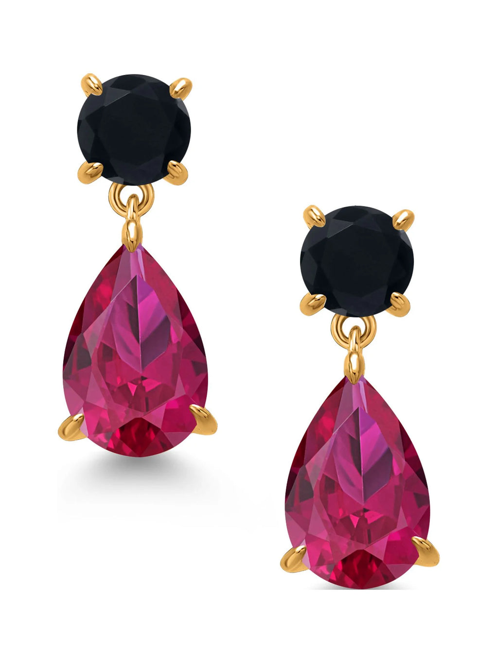 18K Yellow Gold Plated Red Created Ruby and Black Onyx Teardrop Dangle Earrings N56047