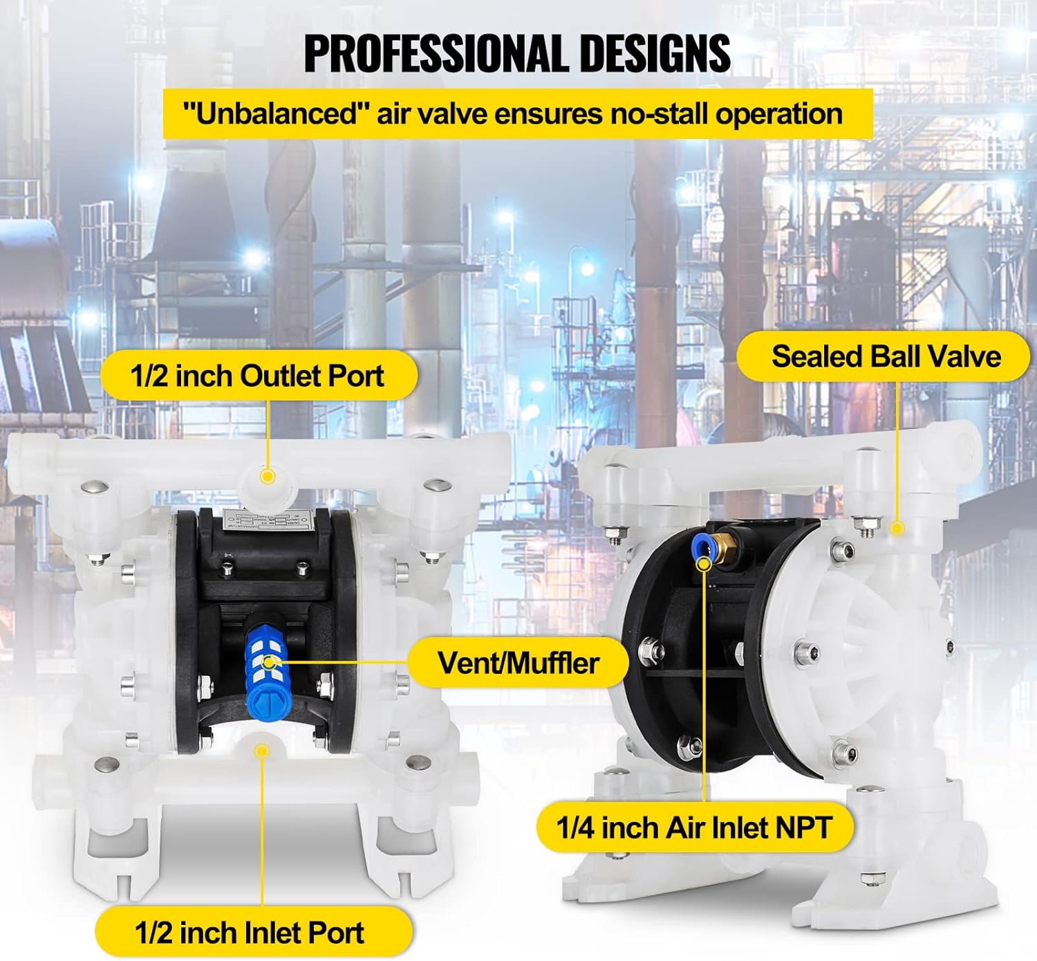1/2 inch Air-Operated Double Diaphragm Pump 7GPM Max Flow Pneumatic Nitrile 100PSI U8516