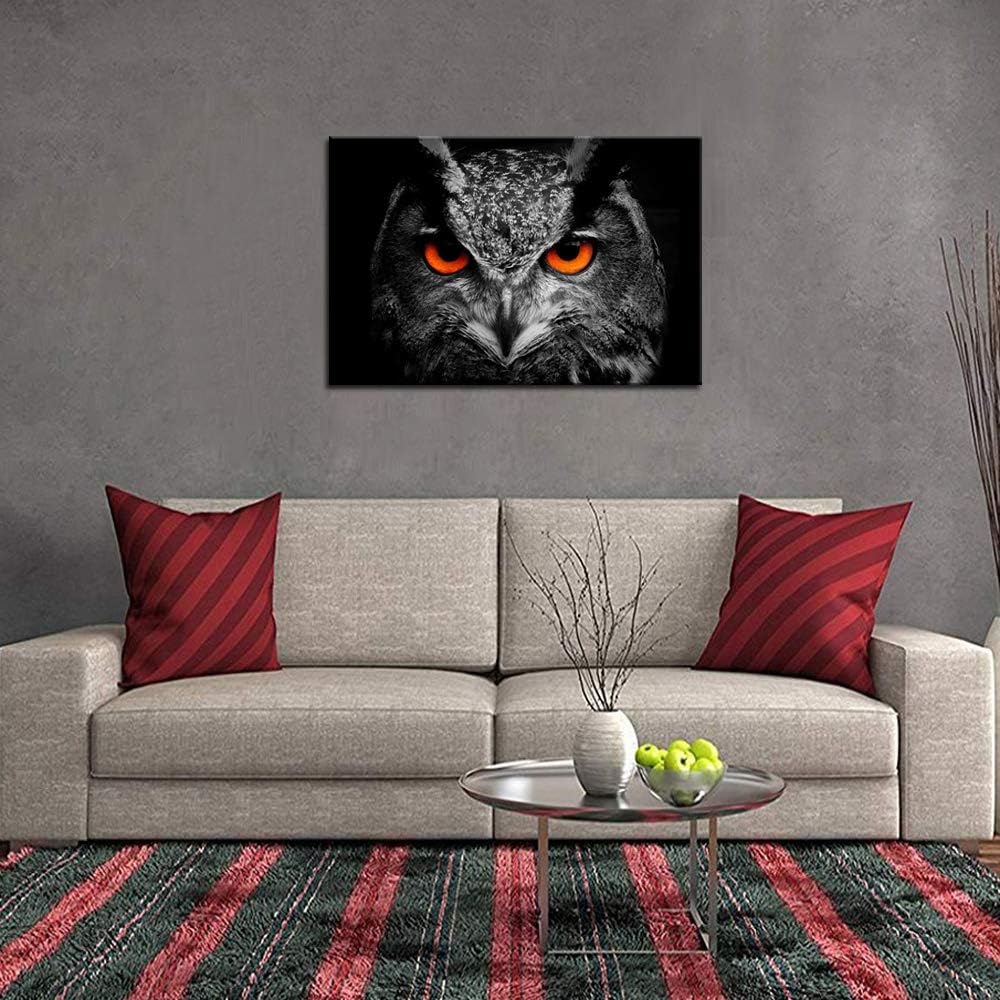 Black White Owl with Red Eyes Canvas Painting Framed Artwork F979