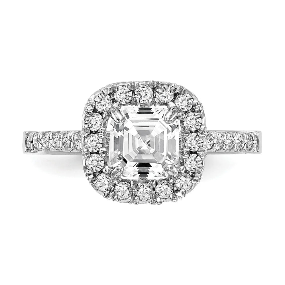 14K White Gold Ring Band Engagement Semi Mount Asscher (4 Prong) Octagon Emerald Diamond, Lab Grown Round, Size 9 I40178